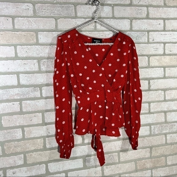 The Kooples Red Polka Dot Faux Wrap Top Size 3=L - Picture 8 of 12